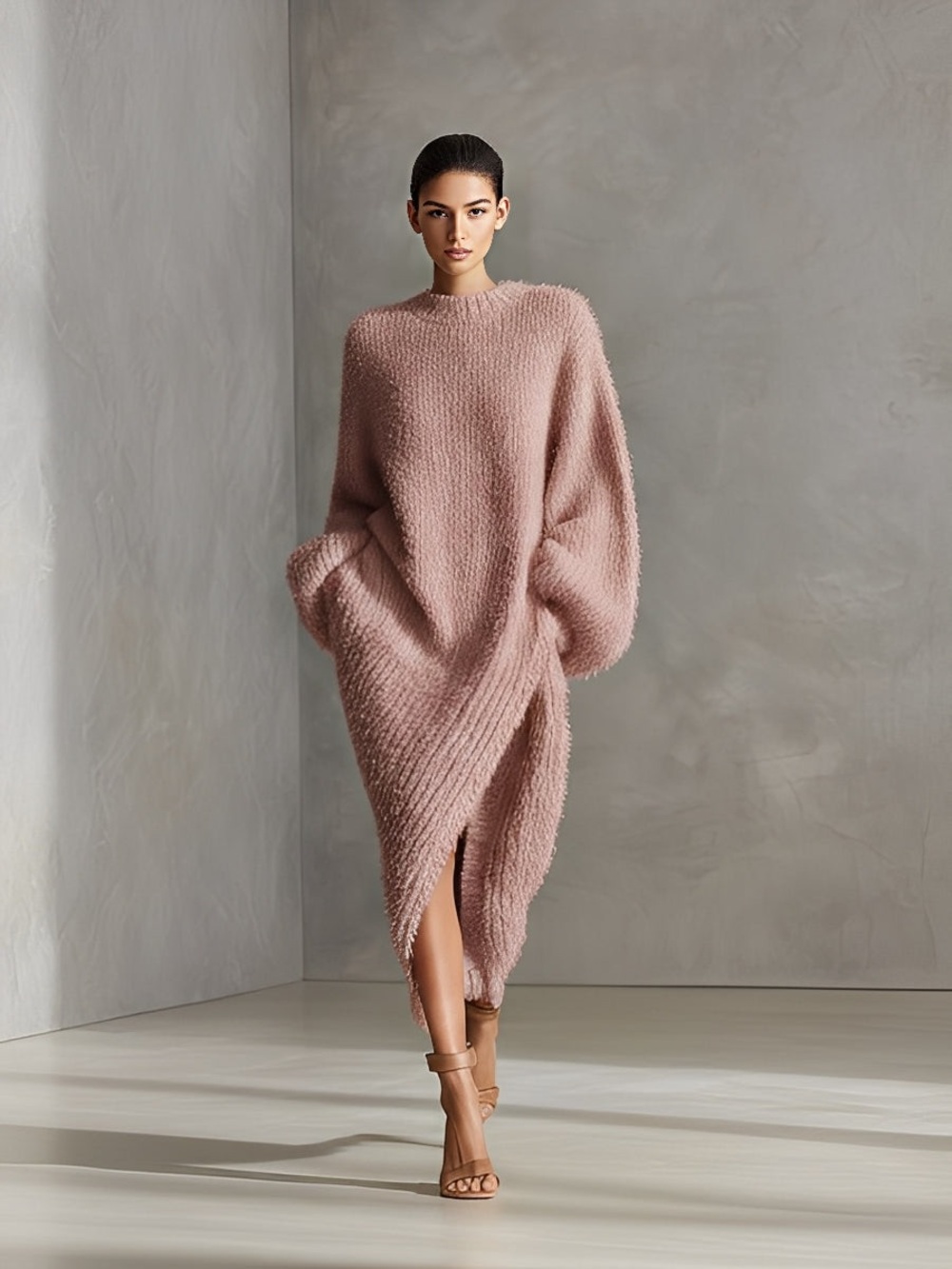 Modesees Women's Cream Elegant Faux Mink Knit Asymmetric Slit Midi Dress